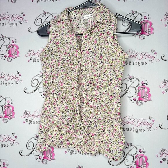 Warehouse one button up tank top flowers cute buttons Floral Sleeveless Blouse - Picture 1 of 15